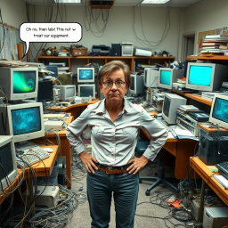 A chaotic computer lab scene filled with tangled cables, scattered unused equipment, and several computers showing signs of neglect, such as dust and outdated screens