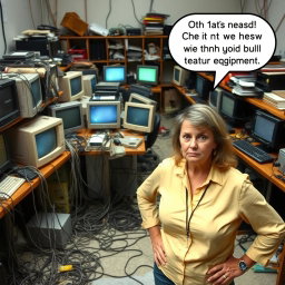 A chaotic computer lab scene filled with tangled cables, scattered unused equipment, and several computers showing signs of neglect, such as dust and outdated screens
