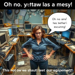 A chaotic computer lab scene filled with tangled cables, scattered unused equipment, and several computers showing signs of neglect, such as dust and outdated screens
