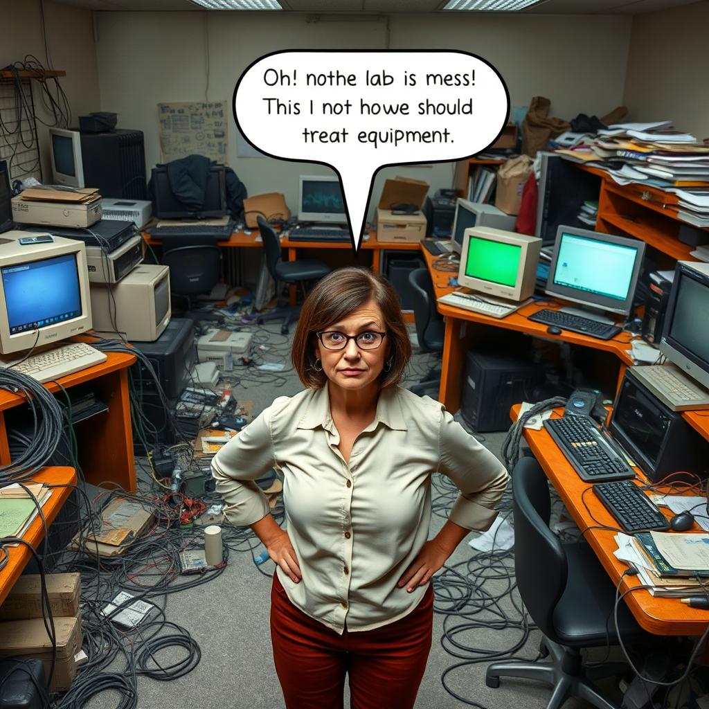 A chaotic computer lab scene filled with tangled cables, scattered unused equipment, and several computers showing signs of neglect, such as dust and outdated screens