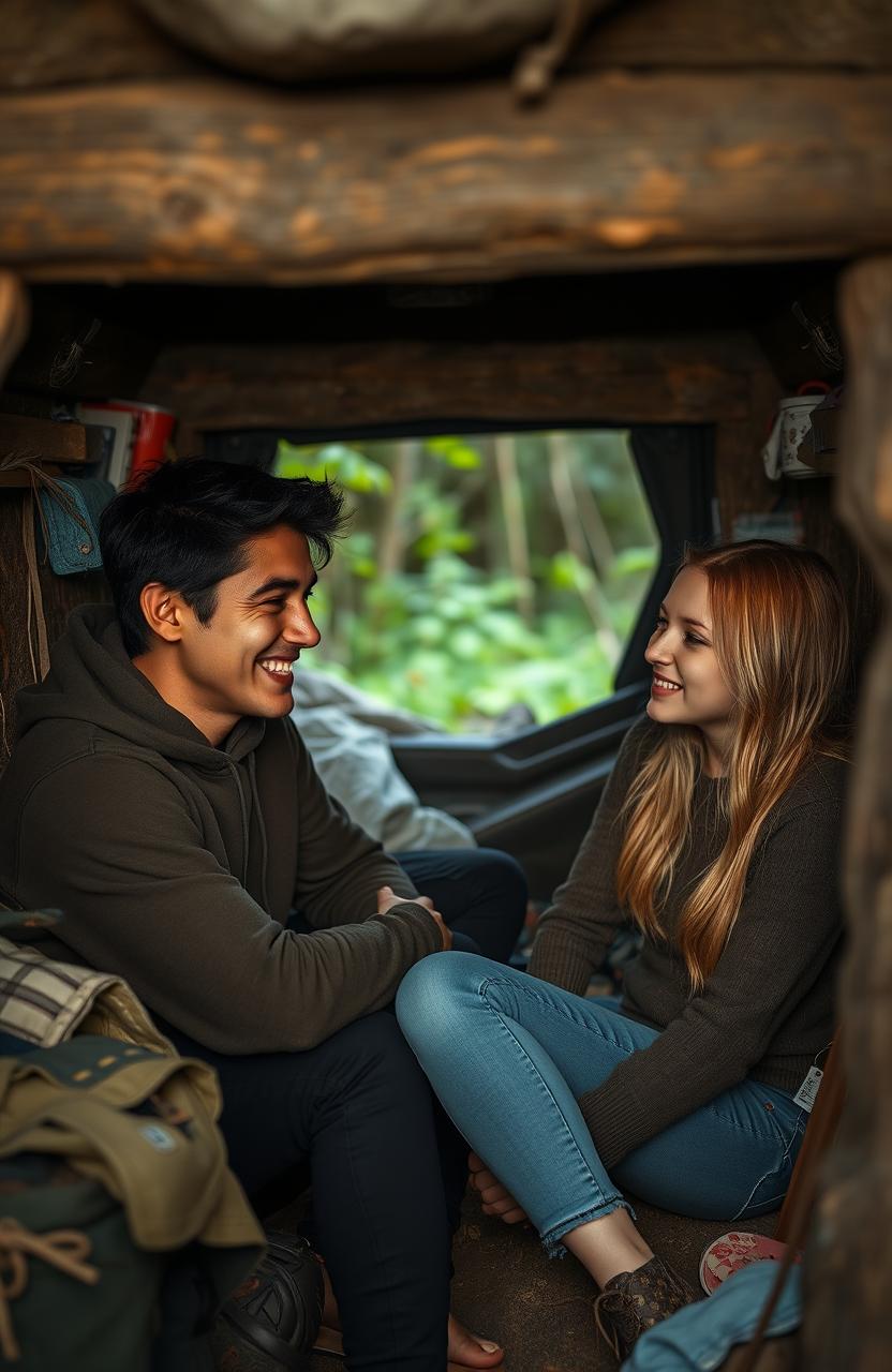 A small, cozy bunker hidden in the woods, where two people are sitting and laughing together