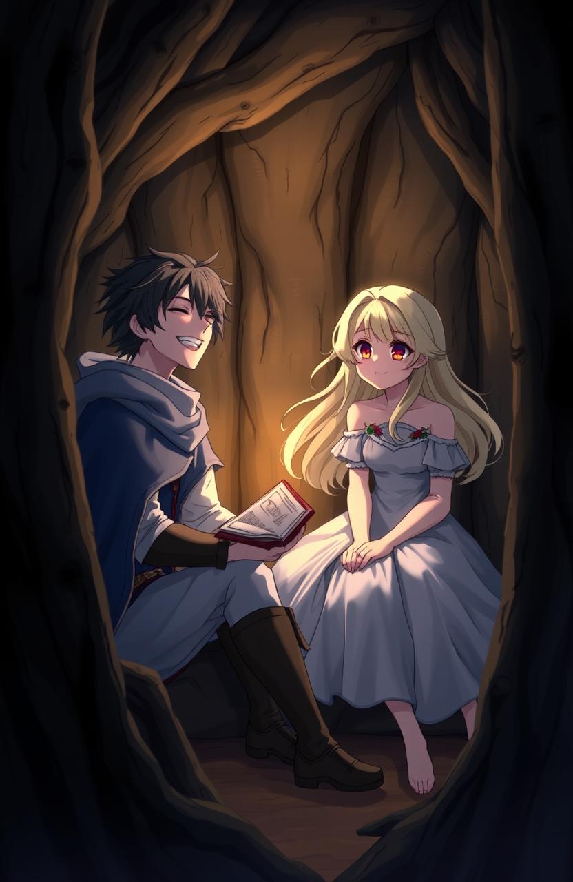 In a small, dimly lit bunker hidden away in the woods at night, two characters are sitting together