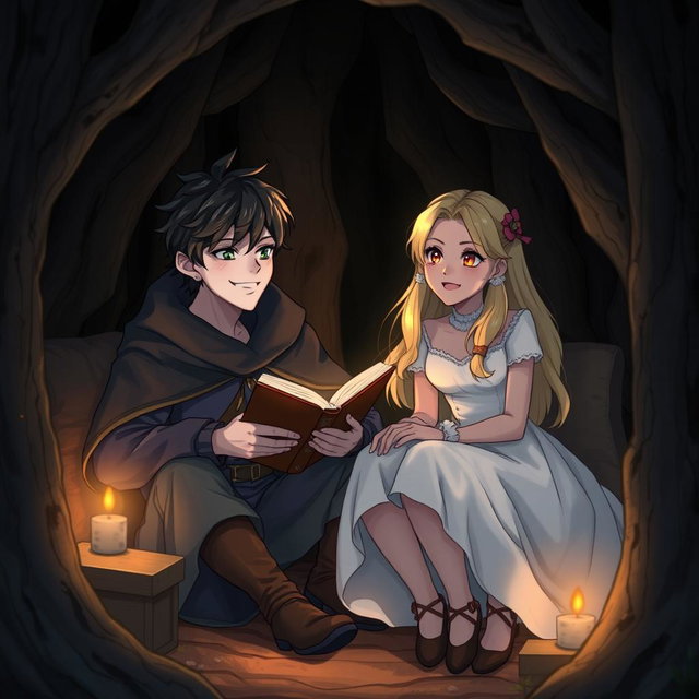 In a realistic and lifelike portrayal, two characters are seated in a small, dimly lit bunker nestled deep within the woods at night
