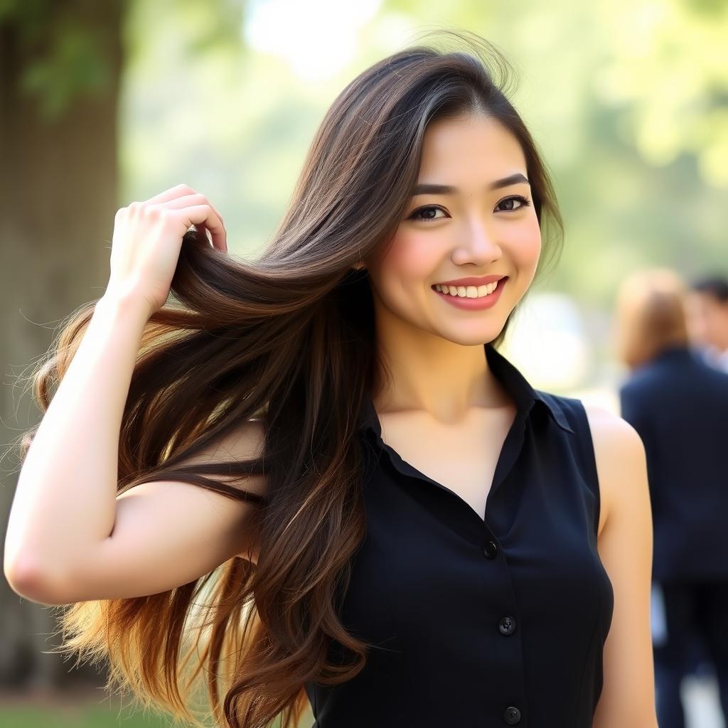 A beautiful smiling Asian woman with long, flowing brown hair, wearing a stylish sleeveless shirt