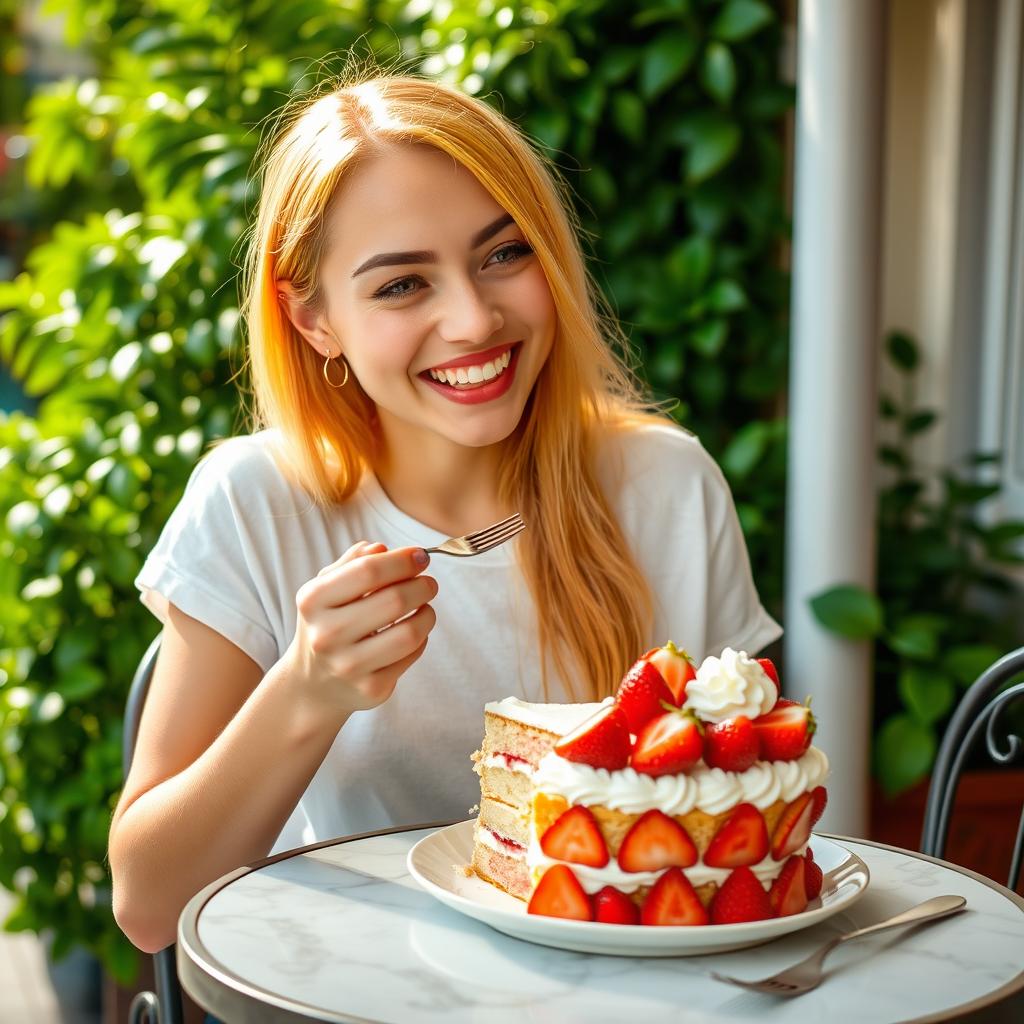 A young woman with bright yellow hair enjoying a slice of strawberry cake, her expression joyful and playful