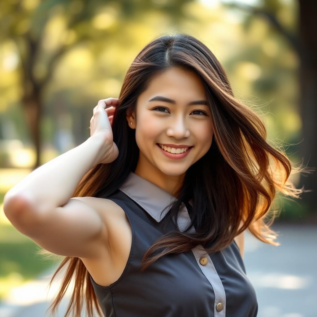 A beautiful smiling Asian woman with long, flowing brown hair, dressed in a fashionable sleeveless shirt