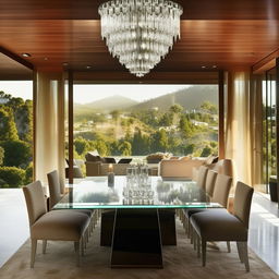 An extravagant bungalow-style dining room belonging to a billionaire, adorned with a grand glass-top dining table, high-end fabric-upholstered chairs, a sleek crystal chandelier, eye-catching modern art, and a panoramic window showcasing captivating views.