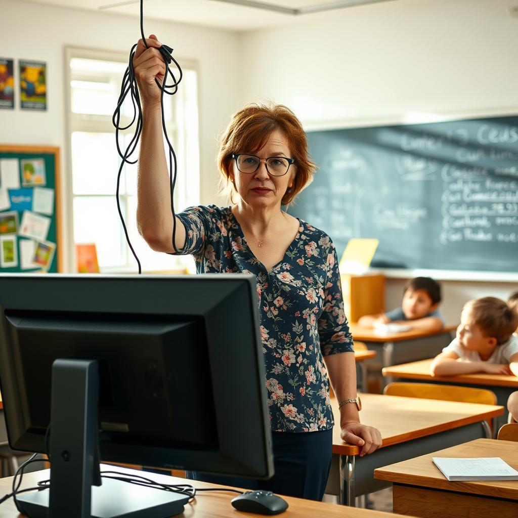 A classroom scene where a teacher, a middle-aged woman with glasses and messy hair, stands at the front holding up a tangled computer cable
