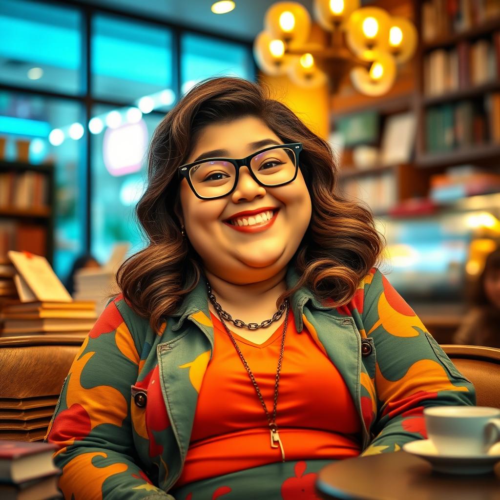 A cheerful fat girl wearing stylish glasses, with a bright smile, sitting in a cozy café surrounded by books and a warm ambiance