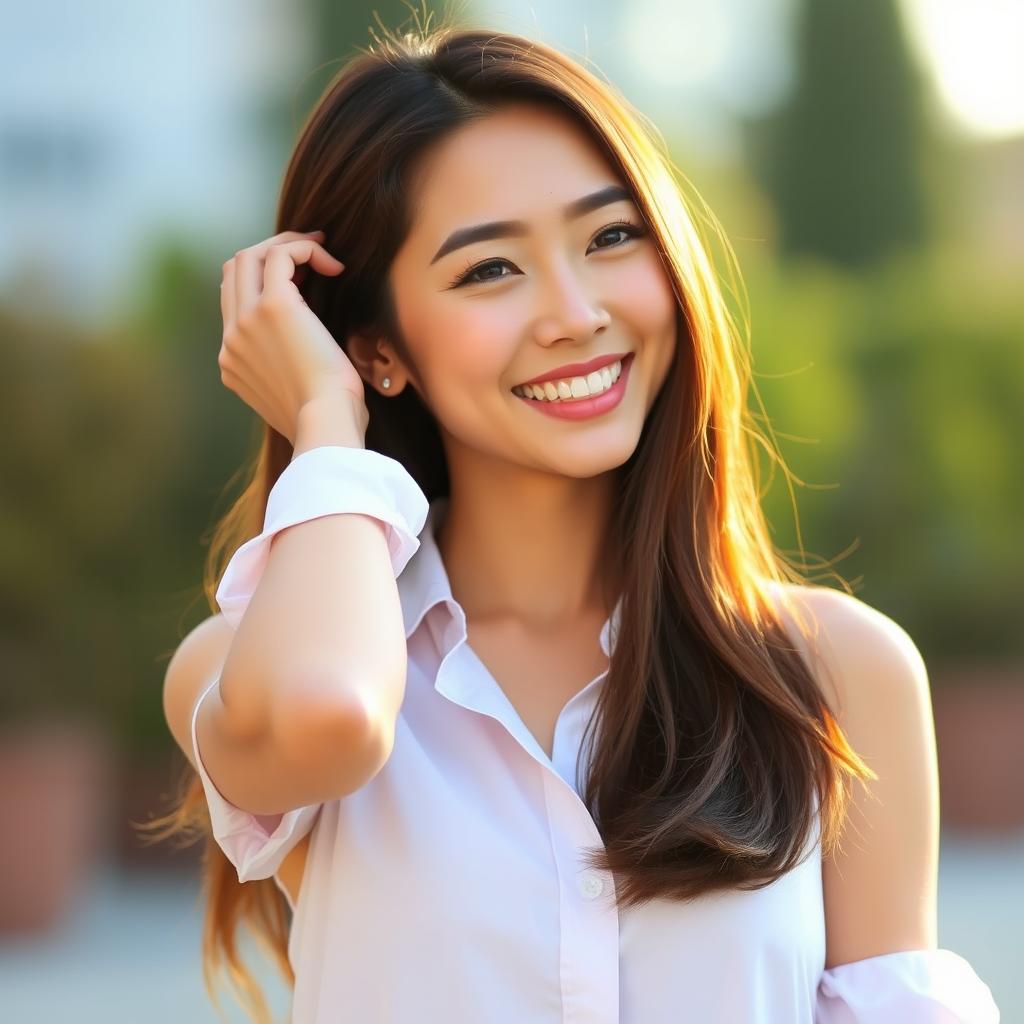 A beautiful smiling Asian woman with long, luxurious brown hair, dressed in a chic sleeveless shirt
