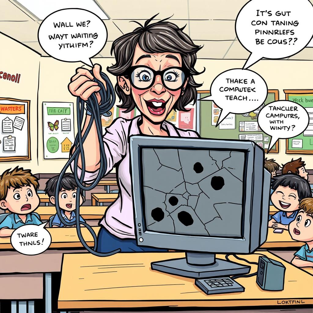 A comic-style drawing of a classroom scene where a teacher, a middle-aged woman with glasses and messy hair, dramatically holds up a tangled computer cable in one hand