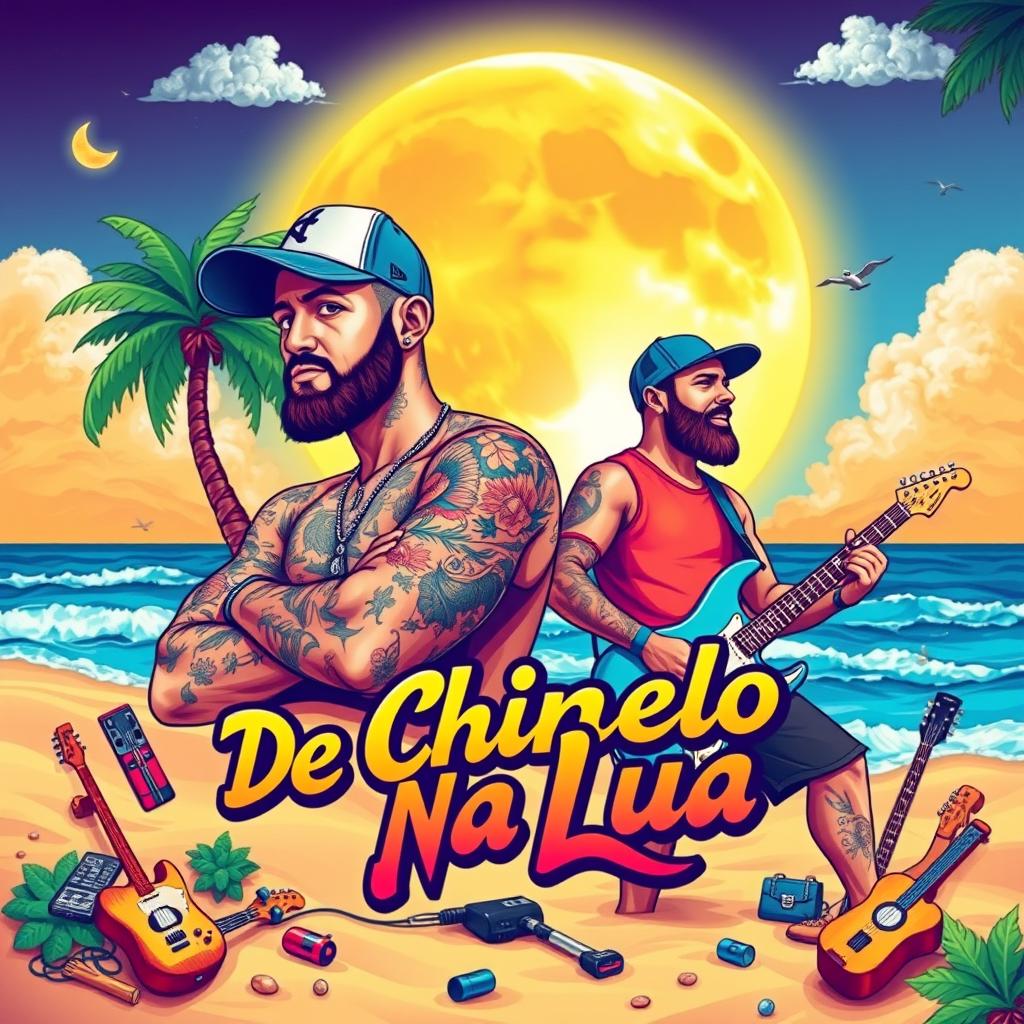 Create a vibrant and colorful CD cover for the band 'De Chinelo Na Lua'