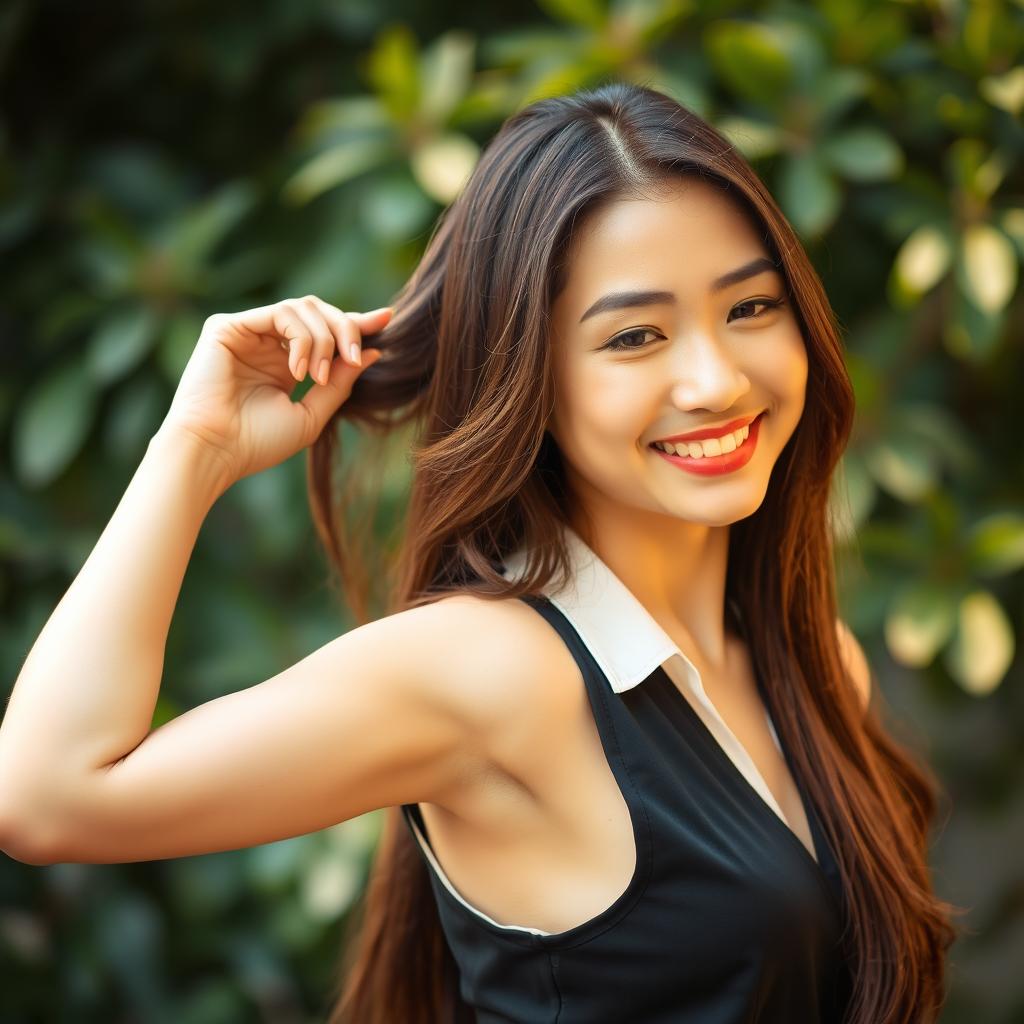 A beautiful smiling Asian woman with long, shiny brown hair, wearing a stylish sleeveless shirt
