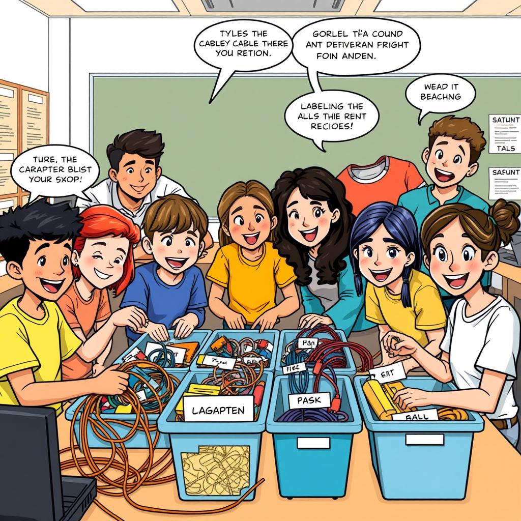 A lively comic-style illustration depicting a diverse group of students collaborating in a classroom setting