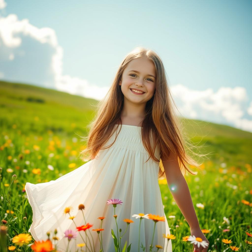 A beautiful girl with long, flowing brown hair standing in a vibrant green meadow filled with colorful wildflowers