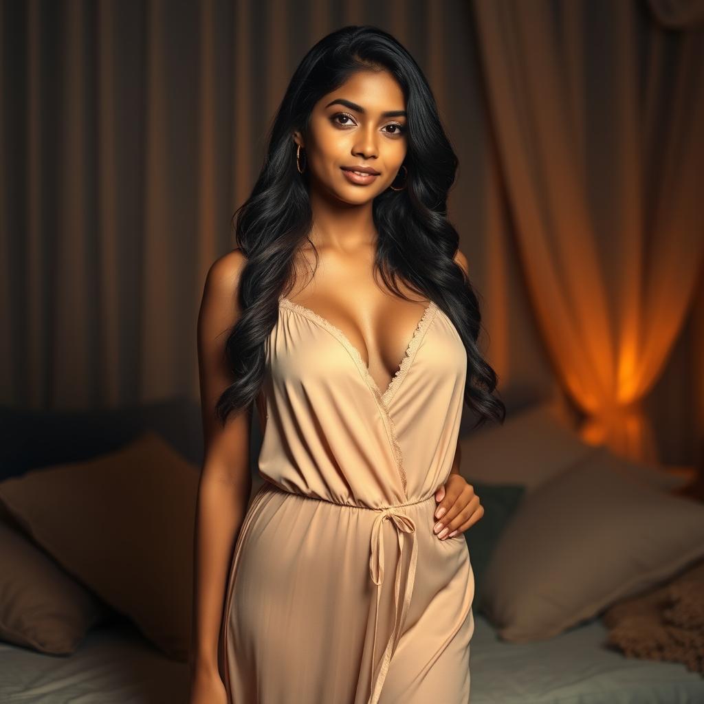 A beautiful Indian college girl wearing a stylish deep-neck nighty, standing confidently in a softly lit room