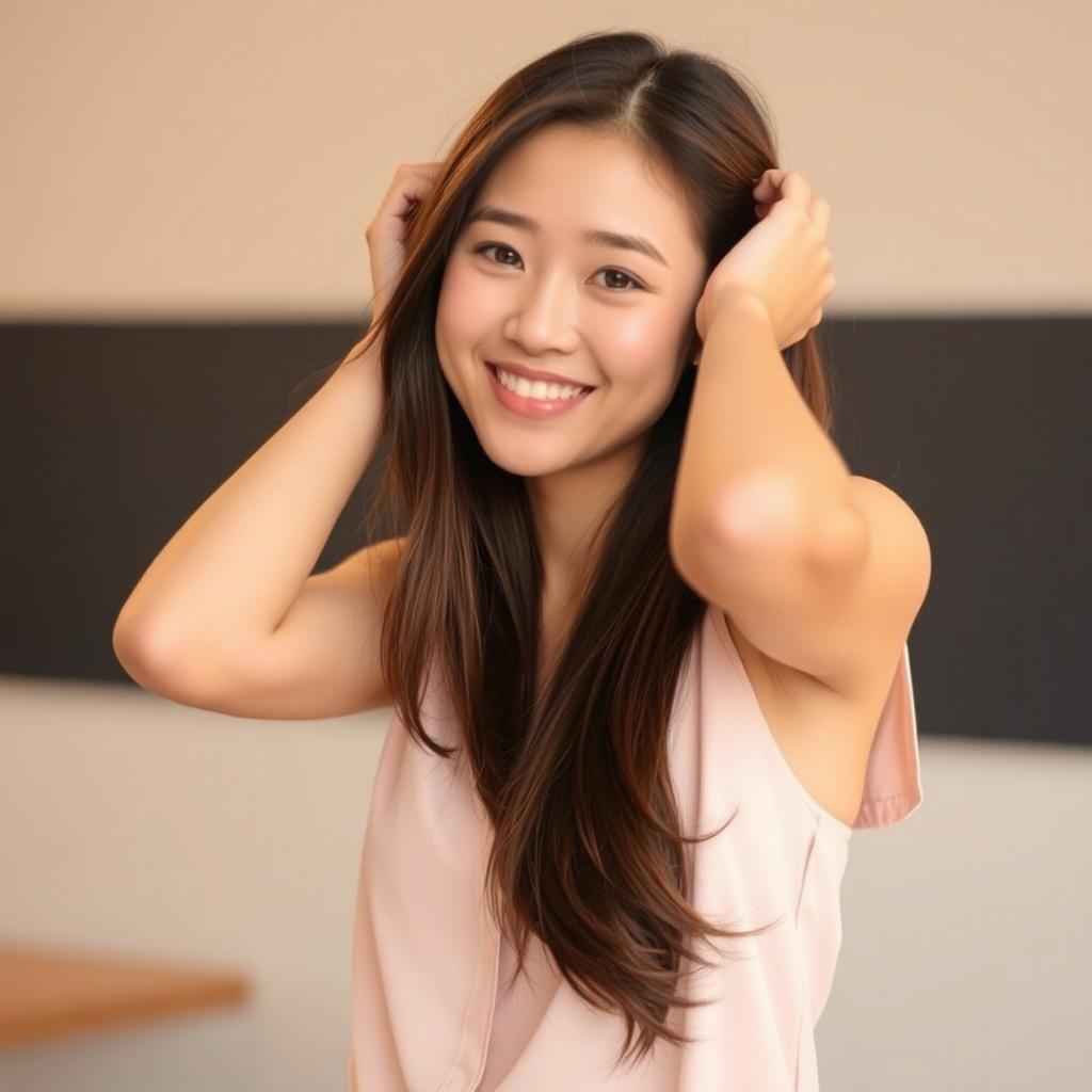 A beautiful smiling Asian woman with long, flowing brown hair, dressed in a stylish sleeveless shirt