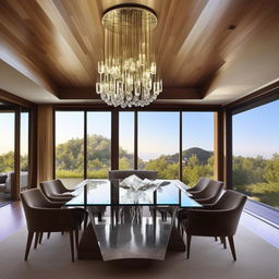 An extravagant bungalow-style dining room belonging to a billionaire, adorned with a grand glass-top dining table, high-end fabric-upholstered chairs, a sleek crystal chandelier, eye-catching modern art, and a panoramic window showcasing captivating views.