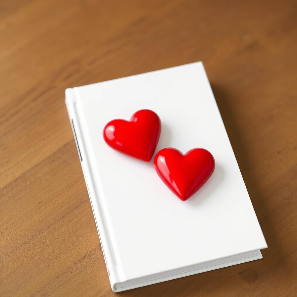 A sleek white book cover showcasing two medium-sized red hearts elegantly placed in the upper third of the cover