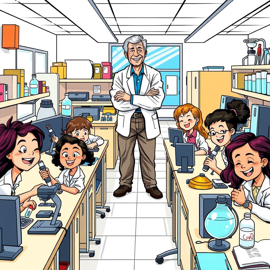 An expressive comic-style illustration showing a tidy and organized laboratory with students joyfully engaging with various scientific equipment