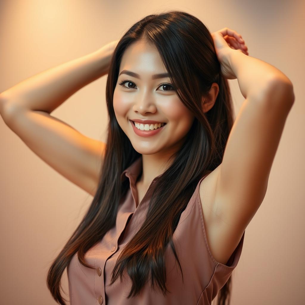 A beautiful smiling Asian woman with long, glossy brown hair, wearing a fashionable sleeveless shirt