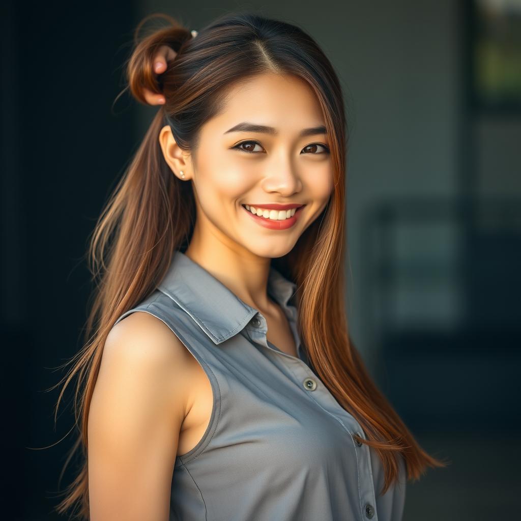 A beautiful smiling Asian woman with long, lustrous brown hair, dressed in a trendy sleeveless shirt
