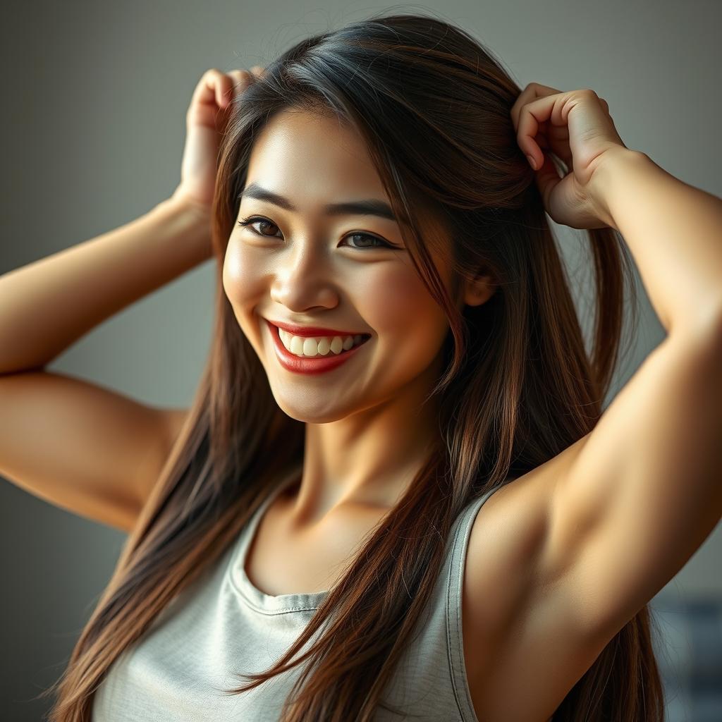 A hyper-realistic photograph of a beautiful smiling Asian woman with long, silky brown hair, wearing a sleeveless shirt
