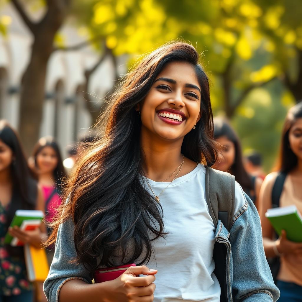 A stunning young Indian woman in a vibrant college setting, wearing stylish casual attire that highlights her confidence and charm