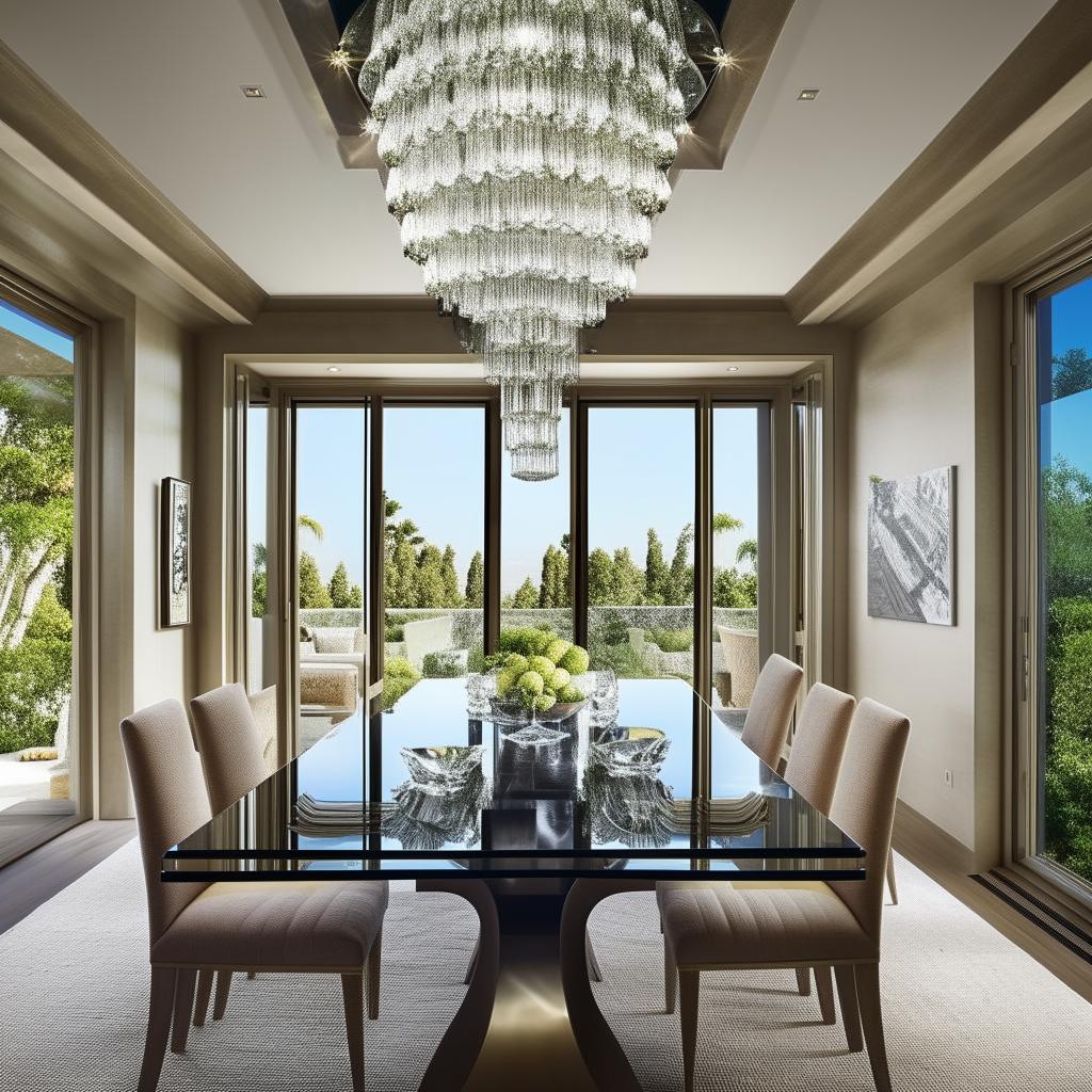 An extravagant bungalow-style dining room belonging to a billionaire, adorned with a grand glass-top dining table, high-end fabric-upholstered chairs, a sleek crystal chandelier, eye-catching modern art, and a panoramic window showcasing captivating views.