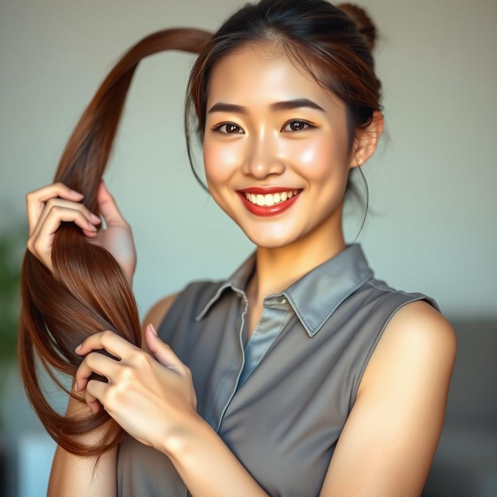 A hyper-realistic photo of a beautiful smiling Asian woman with lovely features, wearing a stylish sleeveless shirt