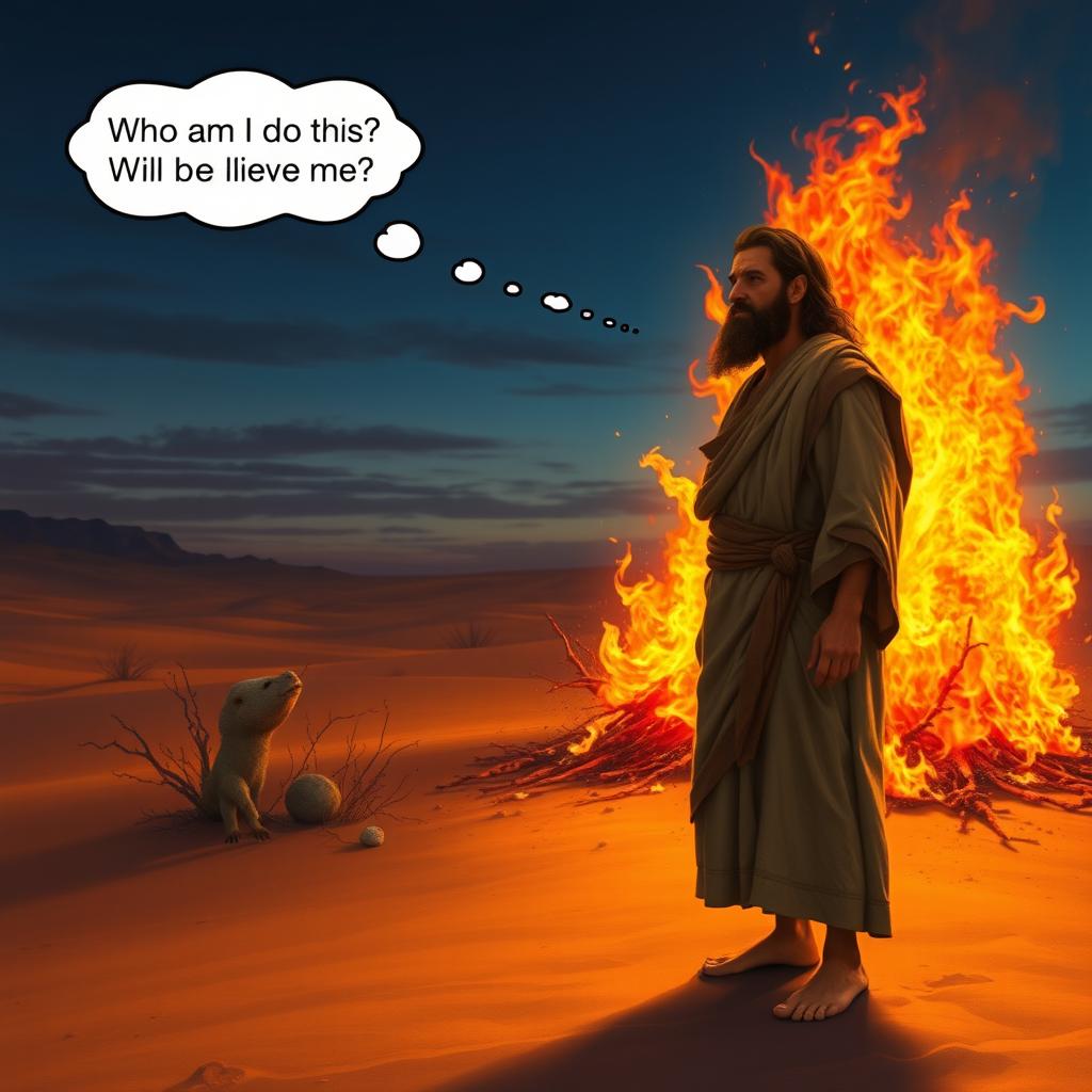 A dramatic scene featuring Moses, a Middle-Eastern man, barefoot and dressed in ancient, tattered robes, standing in awe before a glowing, fiery bush that seems to be alive with flames, surrounded by a desert landscape