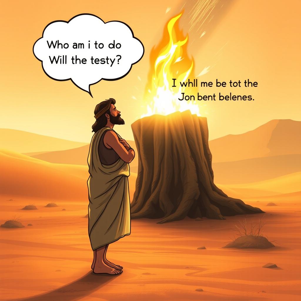 A biblical scene depicting Moses barefoot in humble attire, standing with awe and reverence before a visibly glowing burning bush that radiates bright flames and divine light