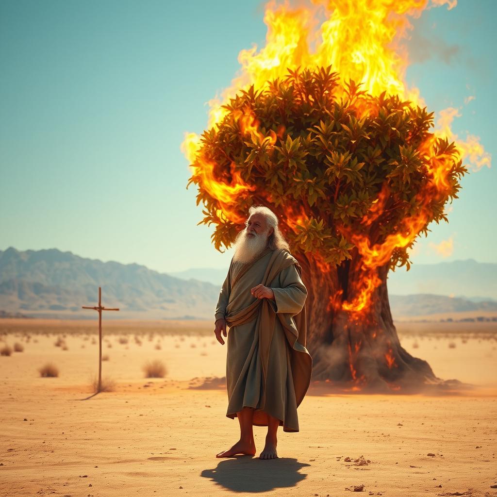 Moses, an older man with a long beard, barefoot and wearing flowing robes, standing in awe before a majestic burning bush