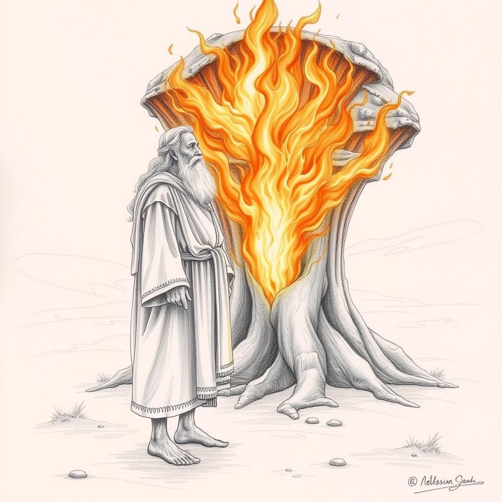 A detailed illustration of Moses, depicted as an elderly man with a long beard and traditional robes, barefoot and standing before a magnificent burning bush