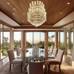 An extravagant bungalow-style dining room belonging to a billionaire, adorned with a grand glass-top dining table, high-end fabric-upholstered chairs, a sleek crystal chandelier, eye-catching modern art, and a panoramic window showcasing captivating views.