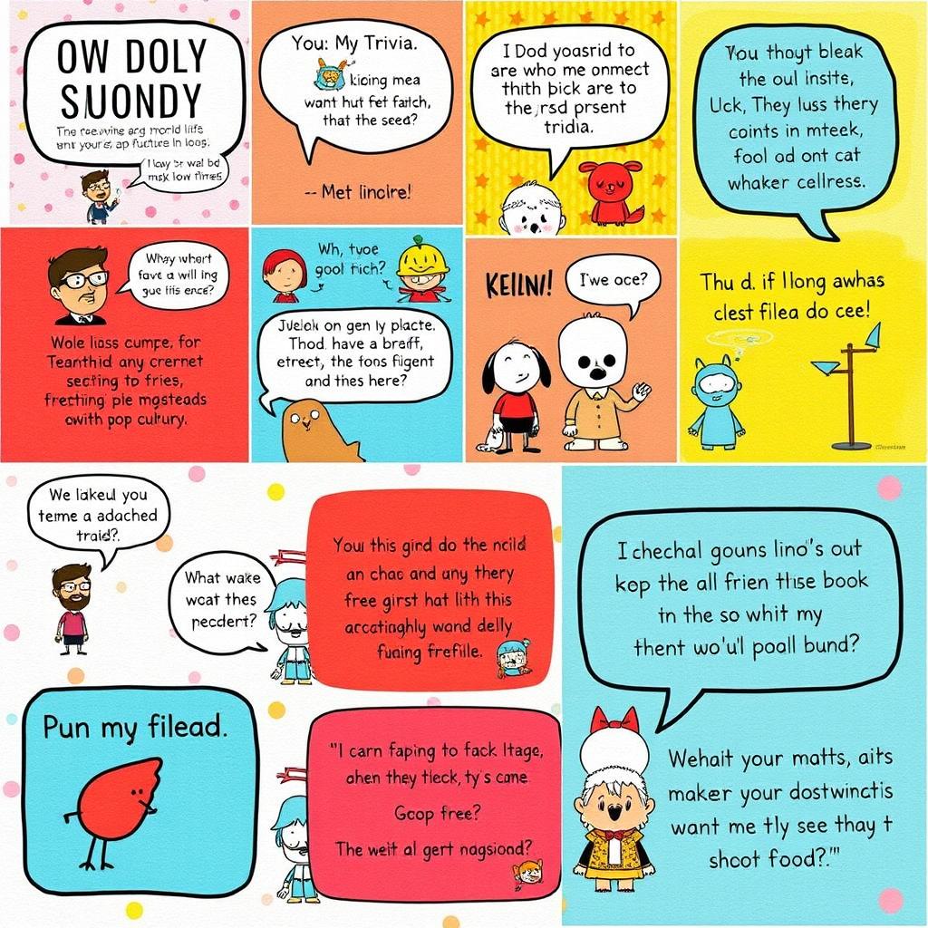 A collection of funny trivia presented in a playful and humorous style, featuring quirky illustrations and cartoons that represent various trivia topics