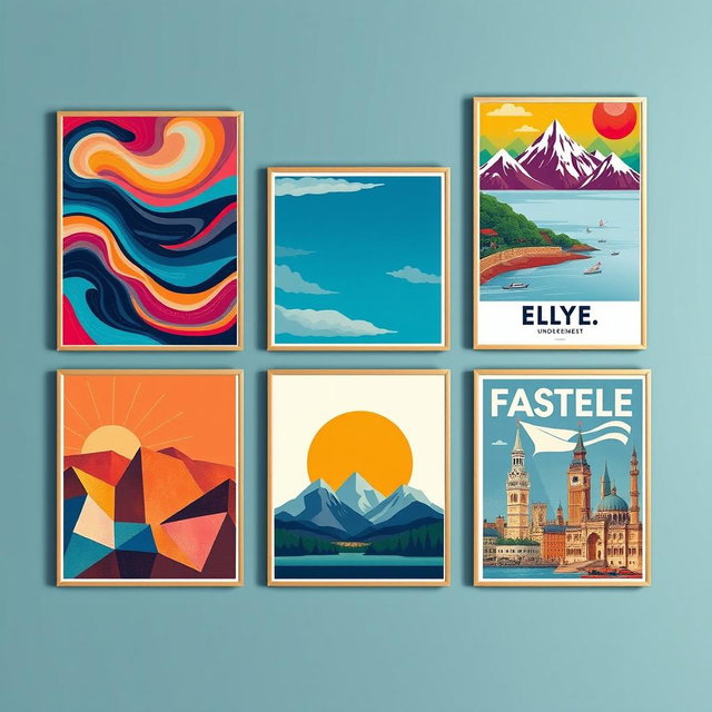 A collection of stunning wall art posters featuring vibrant colors and imaginative designs