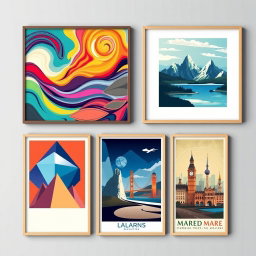 A collection of stunning wall art posters featuring vibrant colors and imaginative designs