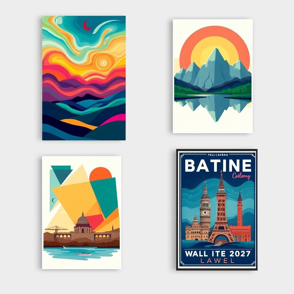 A collection of stunning wall art posters featuring vibrant colors and imaginative designs