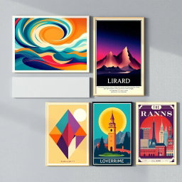 A collection of stunning wall art posters featuring vibrant colors and imaginative designs