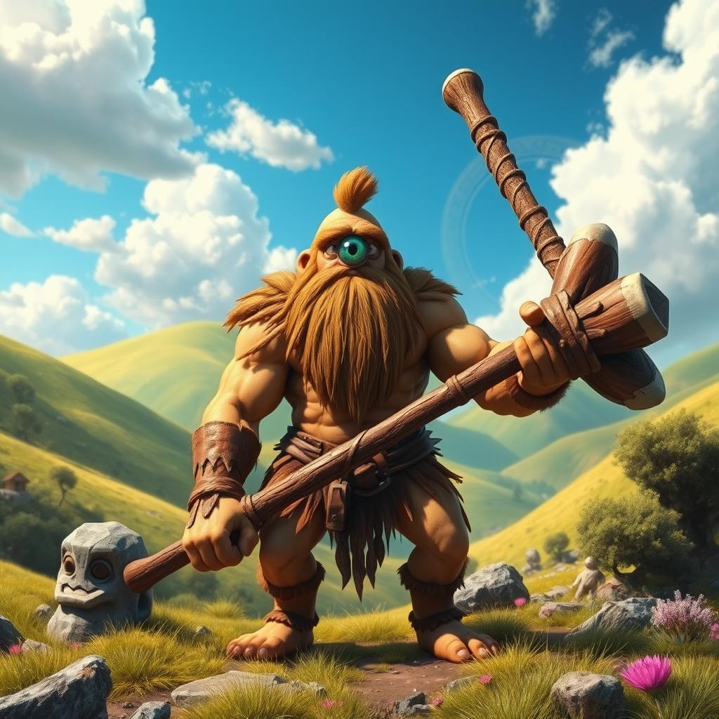 A mythical cyclops depicted in a colorful fantasy landscape, showcasing a single large eye at the center of its forehead