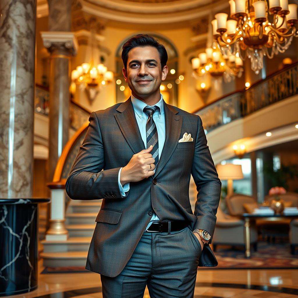 A wealthy man exuding confidence and sophistication, dressed in a tailored suit, standing in an opulent setting filled with luxurious decor, such as marble columns and exquisite chandeliers