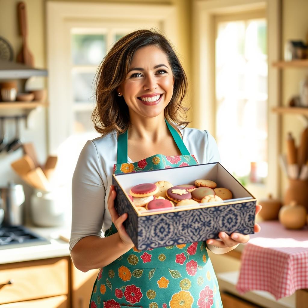 A woman wearing a colorful apron, smiling cheerfully while holding a box filled with beautifully arranged cookies