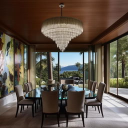 An extravagant bungalow-style dining room belonging to a billionaire, adorned with a grand glass-top dining table, high-end fabric-upholstered chairs, a sleek crystal chandelier, eye-catching modern art, and a panoramic window showcasing captivating views.