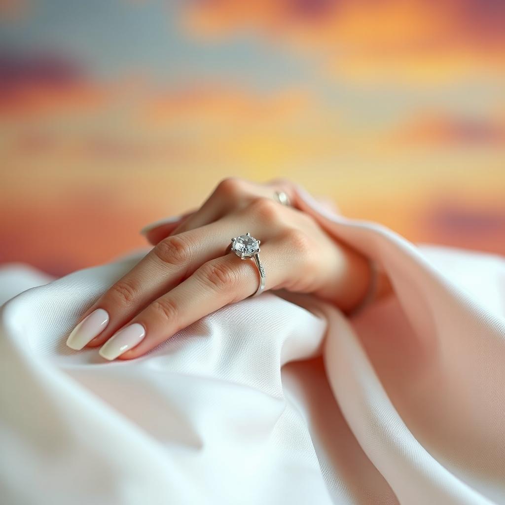 A close-up of a beautifully manicured hand adorned with delicate jewelry, resting elegantly on a soft, luxurious fabric