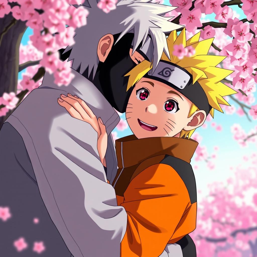 A dramatic and artistic scene depicting Kakashi Hatake gently kissing Naruto Uzumaki, set in a vibrant and stylized anime world