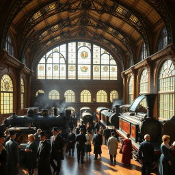 A stunning Victorian train station interior, showcasing intricate architectural details with high vaulted ceilings and ornate ironwork