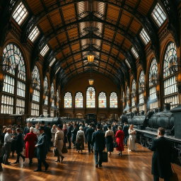 A stunning Victorian train station interior, showcasing intricate architectural details with high vaulted ceilings and ornate ironwork