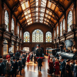 A stunning Victorian train station interior, showcasing intricate architectural details with high vaulted ceilings and ornate ironwork