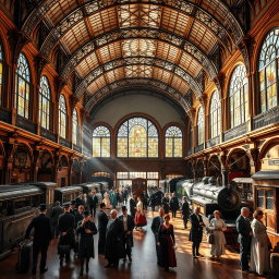 A stunning Victorian train station interior, showcasing intricate architectural details with high vaulted ceilings and ornate ironwork